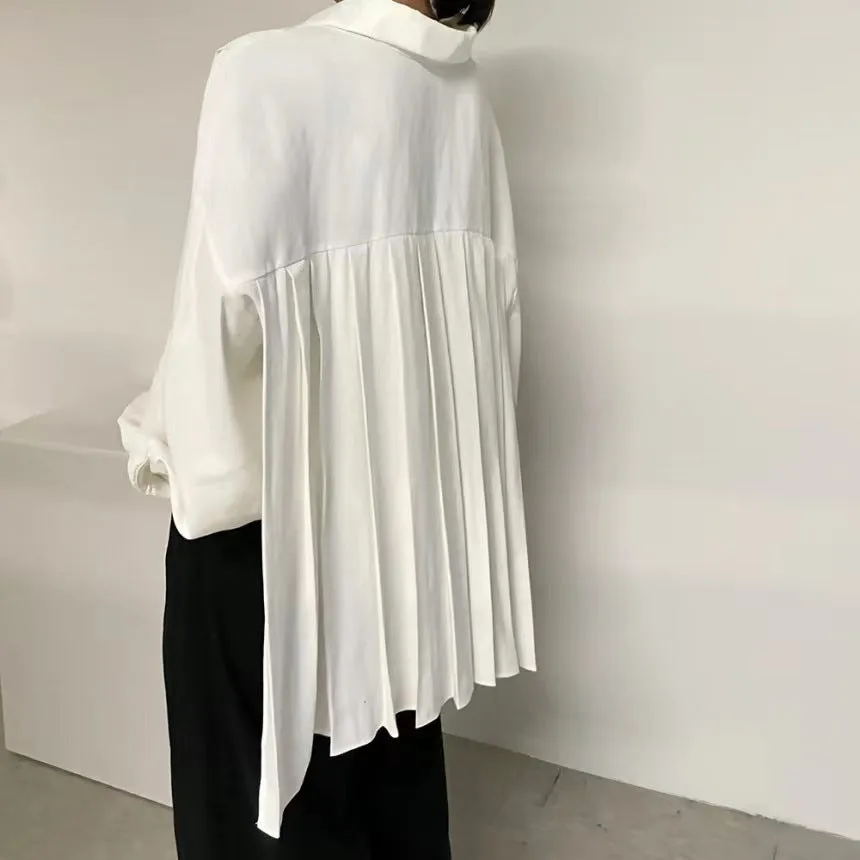 Amozae birkenstock clogs outfit fall Chic Spring and Autumn New French Design Back Pleated Lapel Long Sleeve Shirt Women's Loose Temperament Shirt