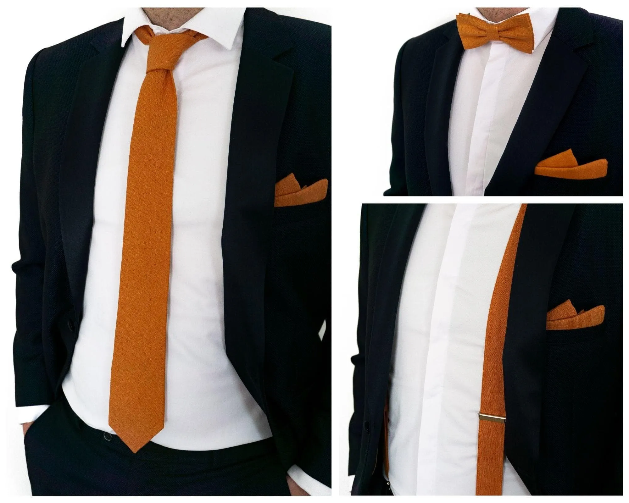 Premium Burnt Orange Men's Tie, Bowtie and Pocket Square Set for Formal Occasions