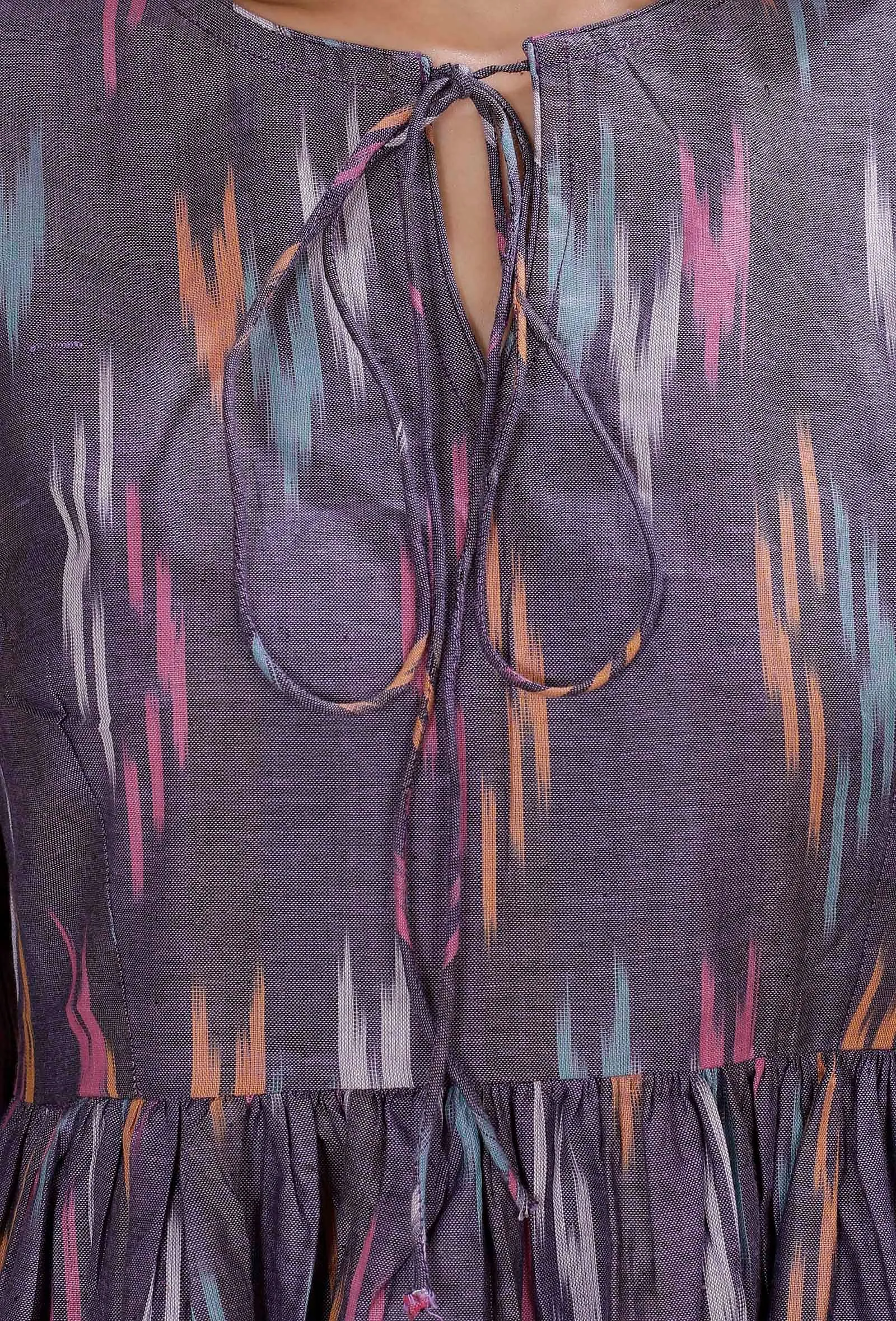 Purple Gathered And Flared Cotton Ikkat Dress